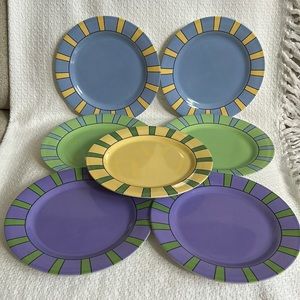 Vtg MELAMINE- yellow, green, purple, blue- set of 7. 9.75” plates